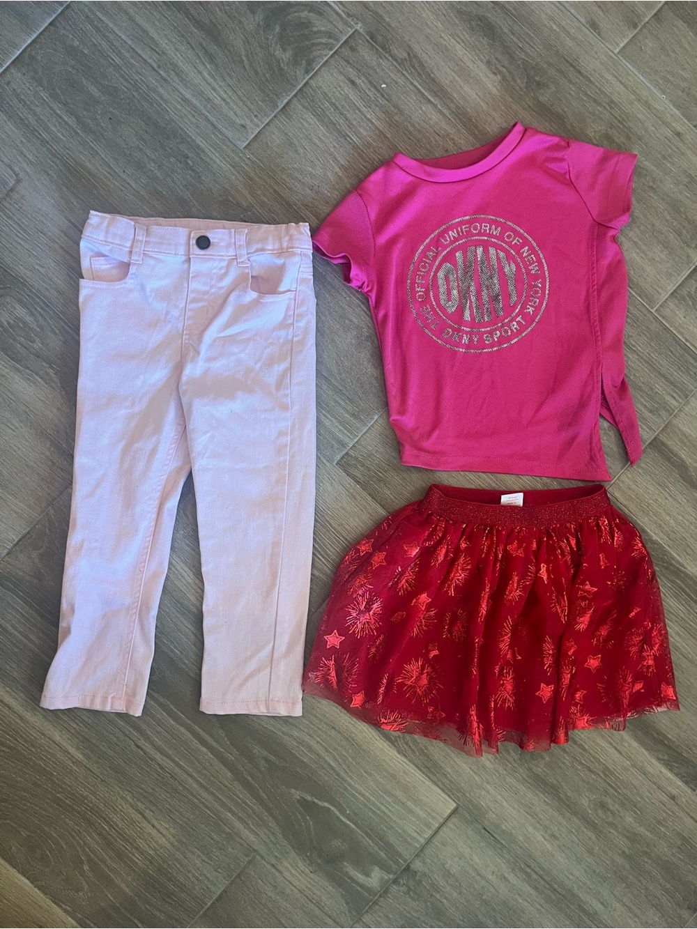 DKNY Pink Short Sleeve, red star Tu-tu, and pink denim jeans - Kids